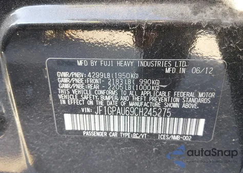 2012 Subaru Impreza 2.0I Sport Limited from USA, damaged, VIN JF1GPAU69CH245275